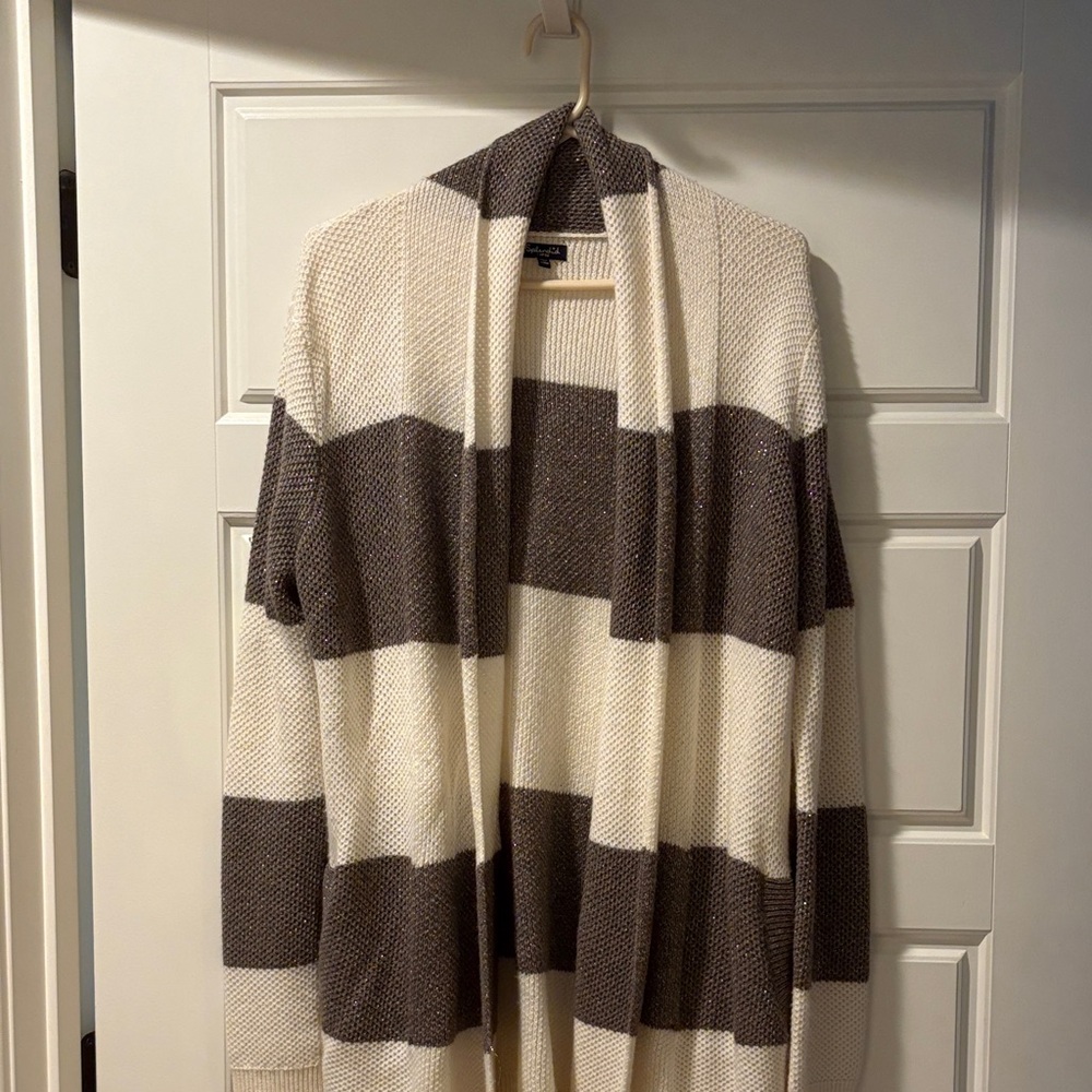 Splendid Cream and Taupe Metallic Long Cardigan (L)